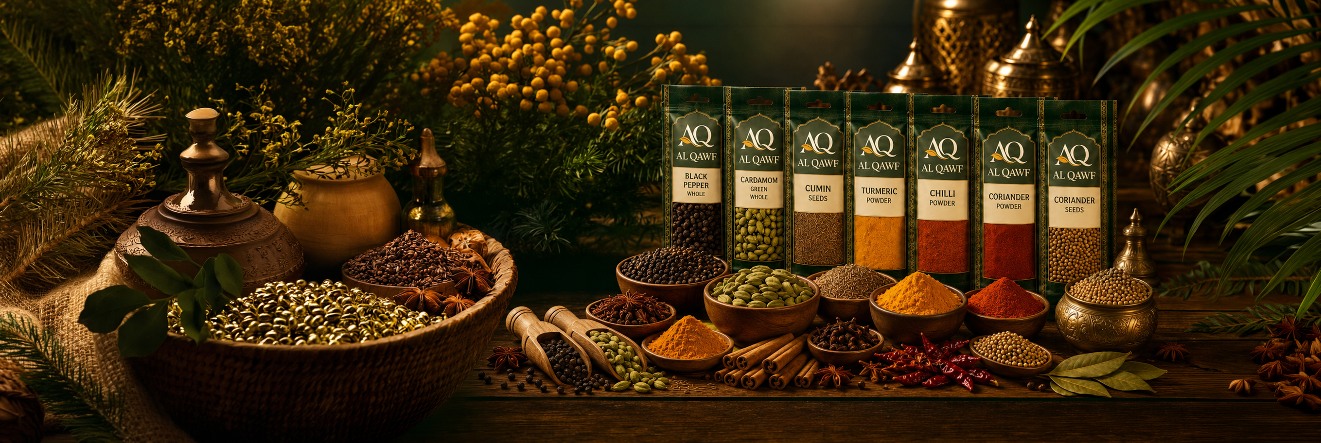 AL QAWF whole and ground spices including pepper, cardamom, cumin, turmeric, chilli and coriander